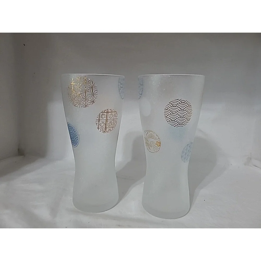 Aderia Frosted Beer Glasses Traditional Japanese Pattern Set Of 2